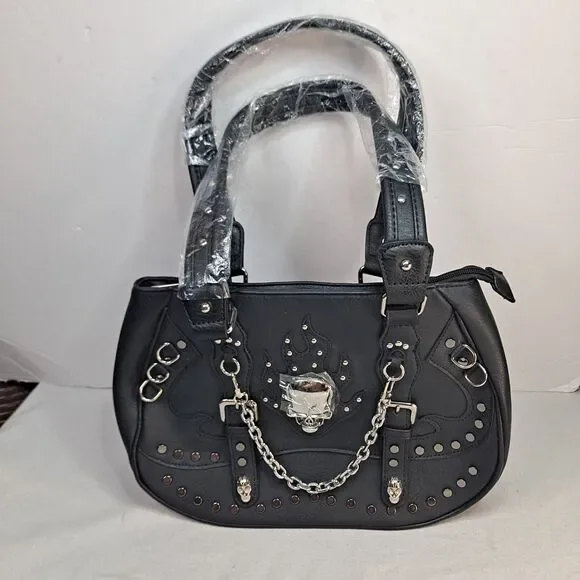 Unbranded Concealed Carry Hobo Bag Skull with Flames Western Goth Studded - Picture 1 of 13